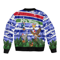 Gambia Christmas Bomber Jacket with Santa Birds Gift Boxes Forest Scene and Snowflake Pattern Design - Wonder Print Shop