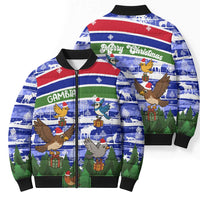 Gambia Christmas Bomber Puffer Jacket with Santa Birds Gift Boxes Forest Scene and Snowflake Pattern Design - Wonder Print Shop