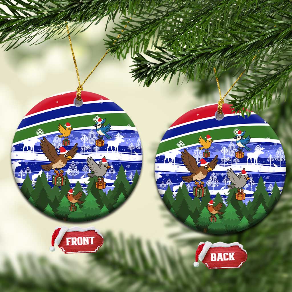 Gambia Christmas Ceramic Ornament with Santa Birds Gift Boxes Forest Scene and Snowflake Pattern Design - Wonder Print Shop