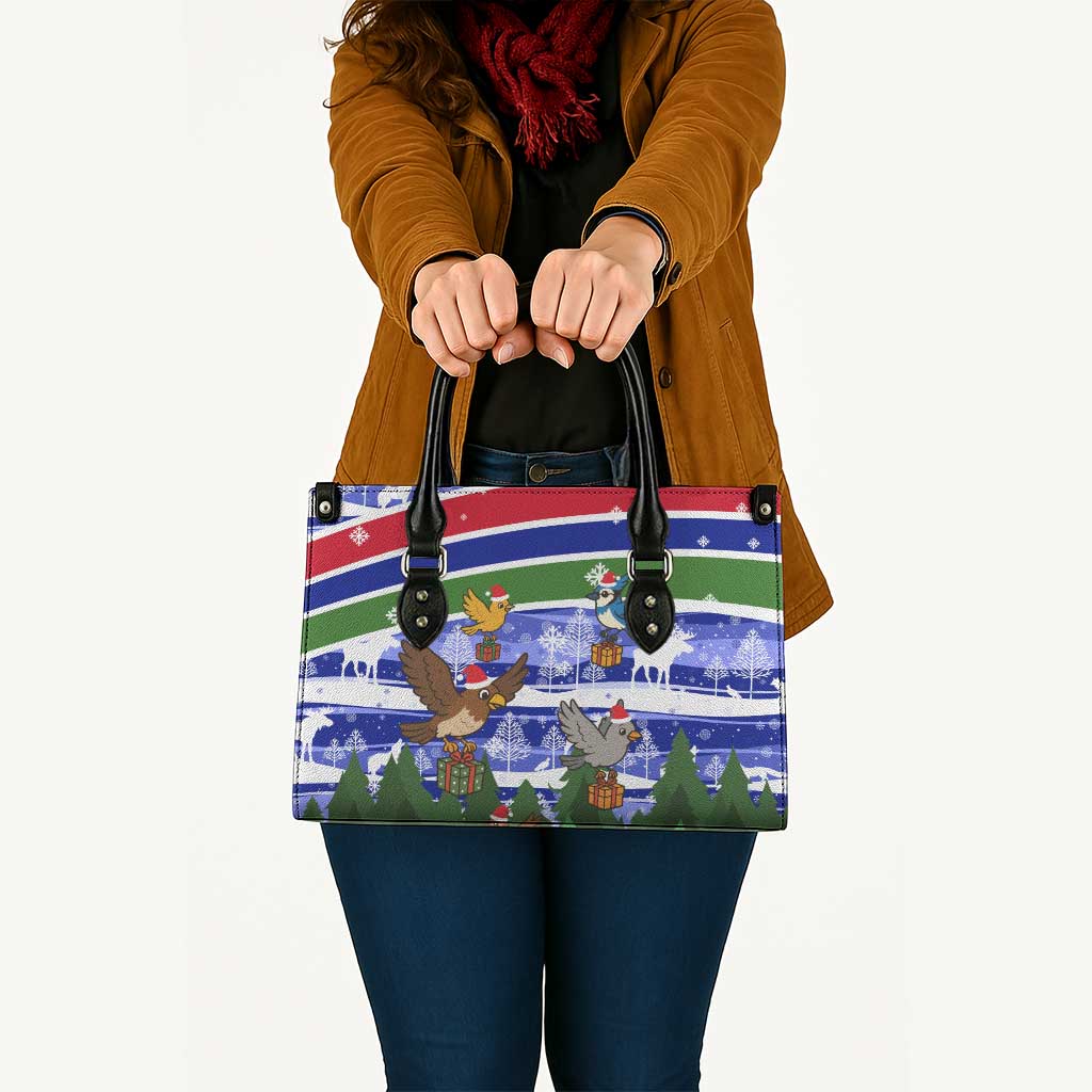 Gambia Christmas Leather Bag with Santa Birds Gift Boxes Forest Scene and Snowflake Pattern Design - Wonder Print Shop