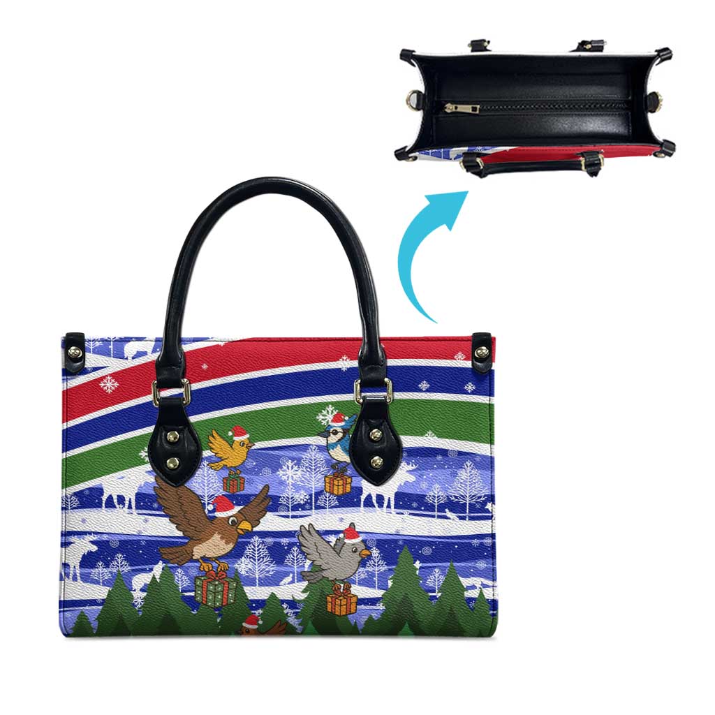 Gambia Christmas Leather Bag with Santa Birds Gift Boxes Forest Scene and Snowflake Pattern Design - Wonder Print Shop