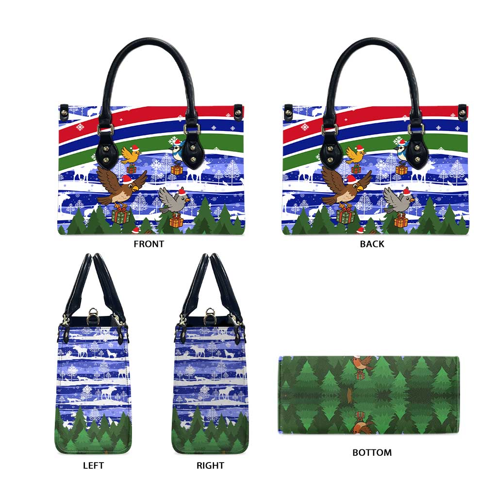 Gambia Christmas Leather Bag with Santa Birds Gift Boxes Forest Scene and Snowflake Pattern Design - Wonder Print Shop