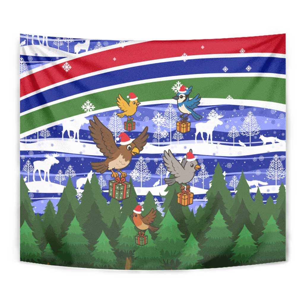 Gambia Christmas Tapestry with Santa Birds Gift Boxes Forest Scene and Snowflake Pattern Design - Wonder Print Shop