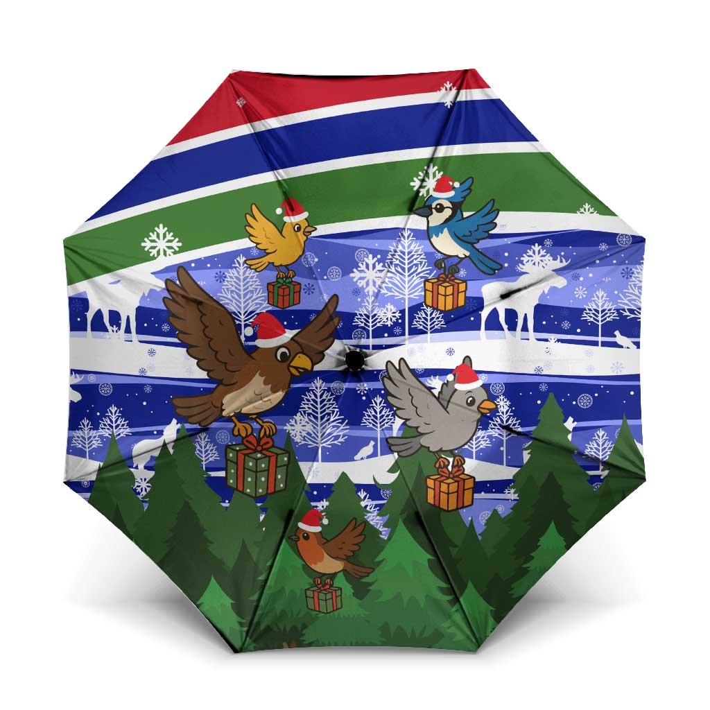 Gambia Christmas Umbrella with Santa Birds Gift Boxes Forest Scene and Snowflake Pattern Design - Wonder Print Shop
