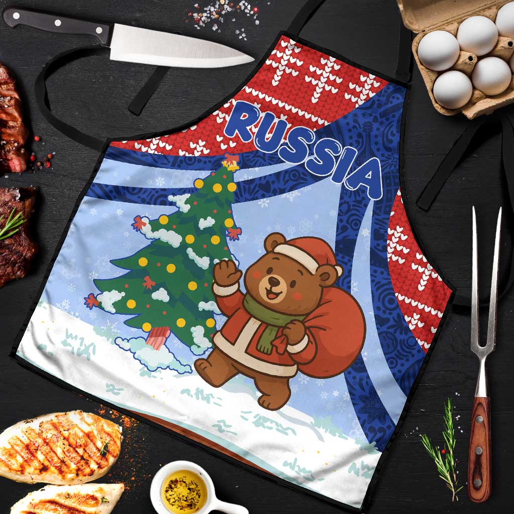 Russia Christmas Apron with Santa Bear Gift Box Christmas Tree and Red Snowflake - Wonder Print Shop