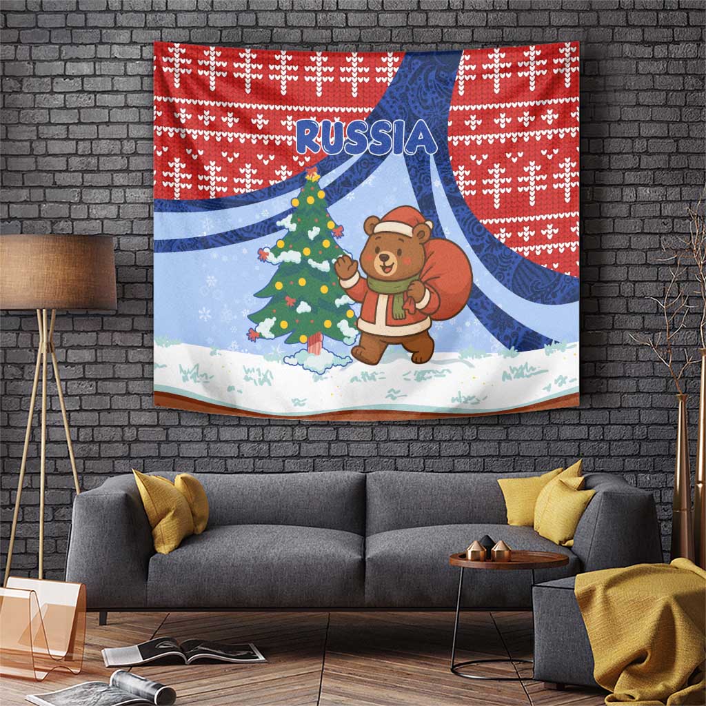 Russia Christmas Tapestry with Santa Bear Gift Box Christmas Tree and Red Snowflake - Wonder Print Shop