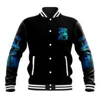 Black baseball jacket with blue skull chest graphic, snap buttons, striped ribbed trims