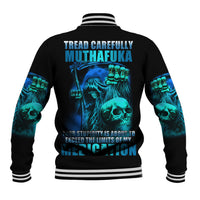 Black baseball jacket with blue skull graphic and striped ribbed collar, cuffs, and hem