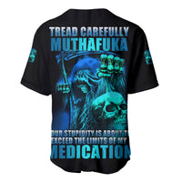 Black baseball jersey with blue skull graphic on back