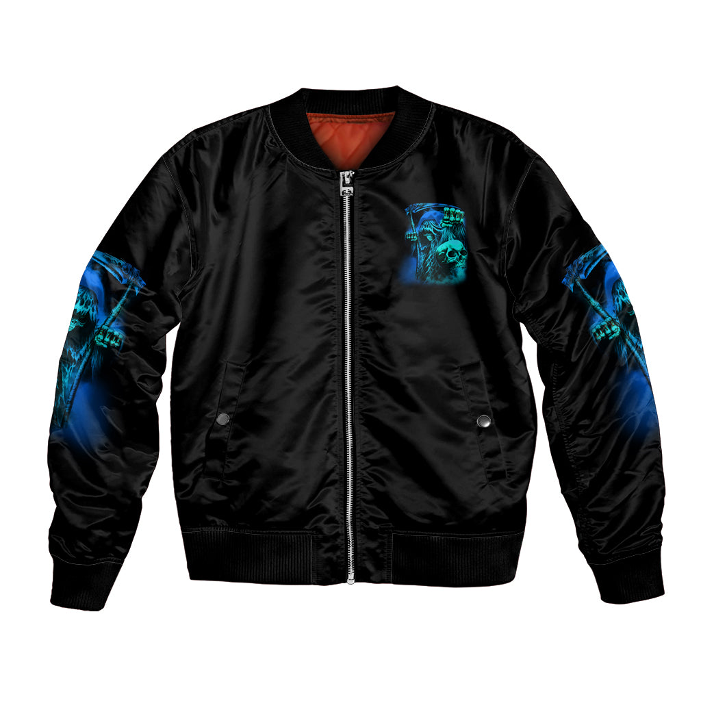 Black bomber jacket with front zip, blue skull sleeve prints, ribbed hem and cuffs, orange lining