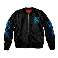 Black bomber jacket with front zip, blue skull sleeve prints, ribbed hem and cuffs, orange lining