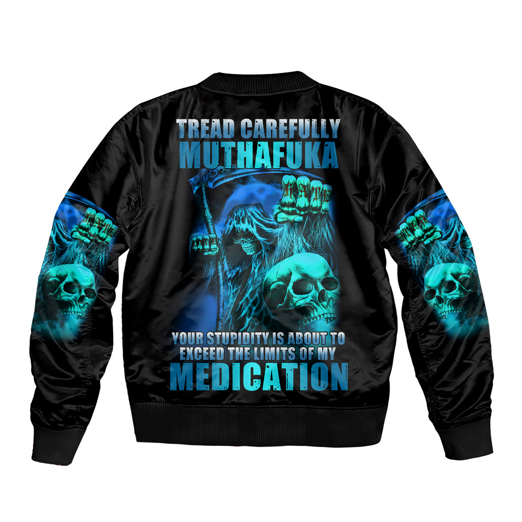 Black bomber jacket with blue skull graphic on back, ribbed collar and cuffs, satin sheen