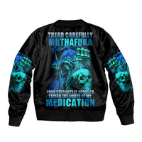 Black bomber jacket with blue skull graphic on back, ribbed collar and cuffs, satin sheen