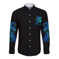Black long-sleeve button shirt with blue skull print sleeves and chest