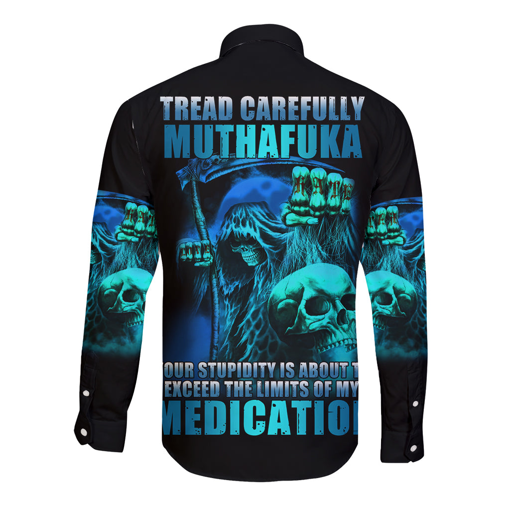 Black long-sleeve button shirt with blue skull graphic and text on back