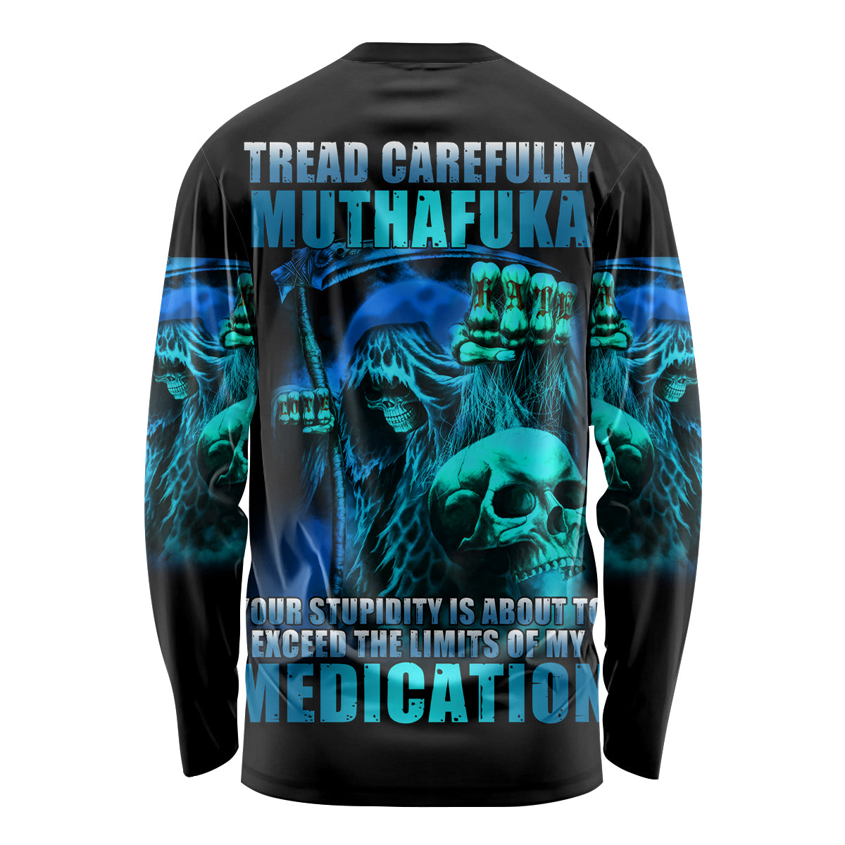 Black long sleeve shirt with blue skull graphic and bold back text