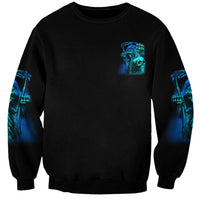 Black unisex crewneck sweatshirt with small blue skull chest print and sleeve accents