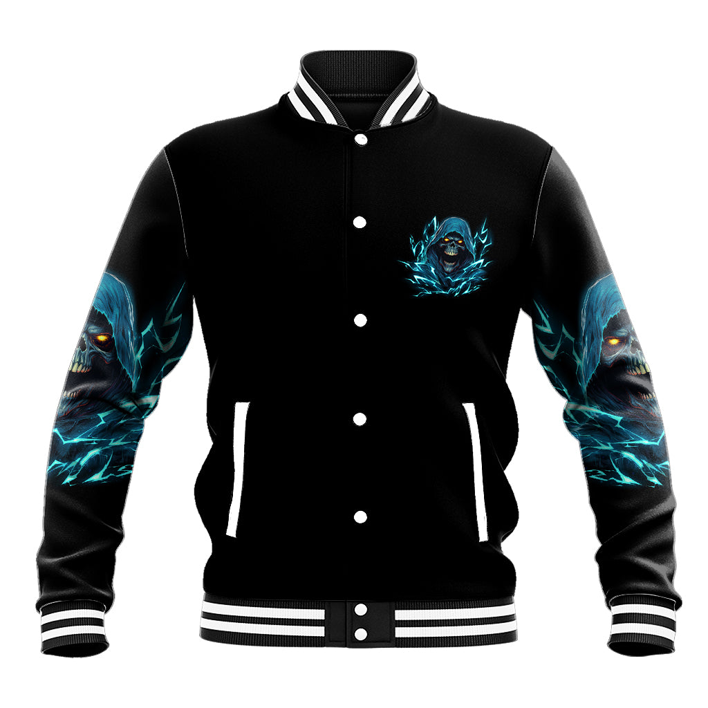 Black varsity baseball jacket with blue skull logo on chest, snap front, striped collar