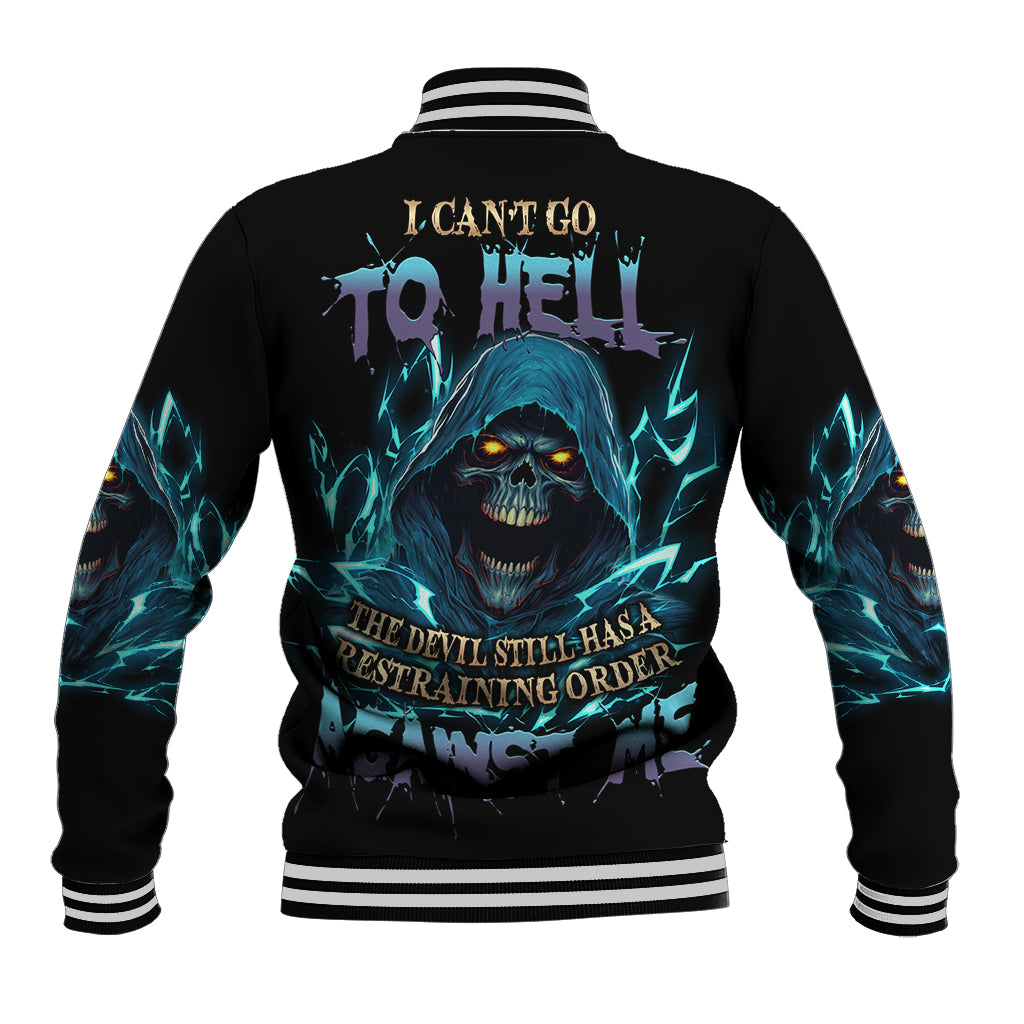Black baseball jacket with blue skull graphic and bold back lettering, striped cuffs