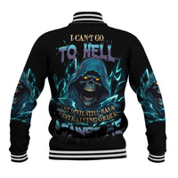 Black baseball jacket with blue skull graphic and bold back lettering, striped cuffs