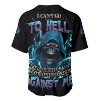 Black baseball jersey with blue reaper skull graphic on back, short sleeves