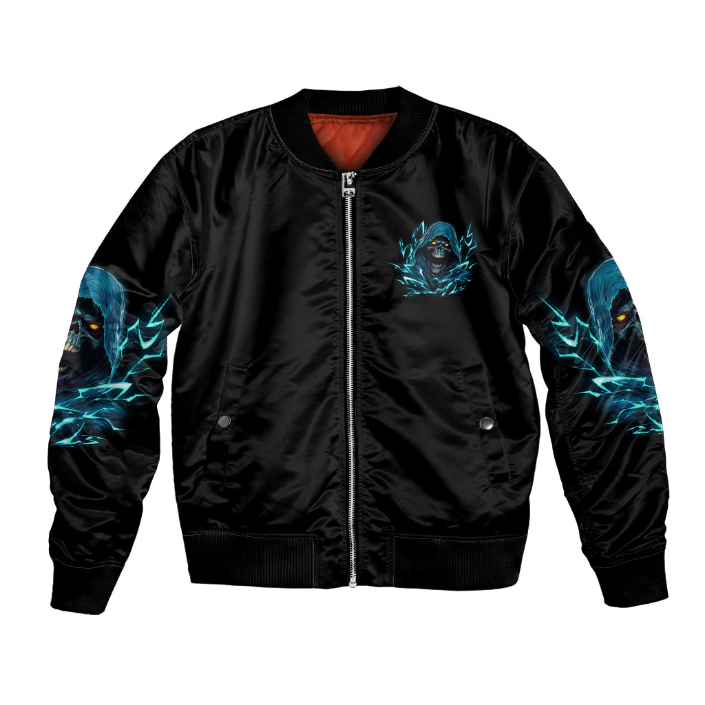 Black bomber jacket with front zip and blue skull wing pocket graphic