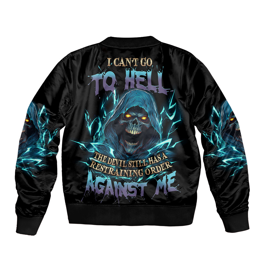 Black bomber jacket with blue skull graphic and fiery lightning text on back