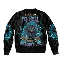Black bomber jacket with blue skull graphic and fiery lightning text on back