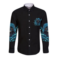 Black long-sleeve button shirt with chest skull graphic and blue lightning sleeve artwork