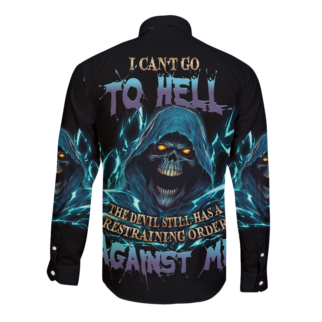 Black long-sleeve button shirt with back skull graphic and blue lightning accents