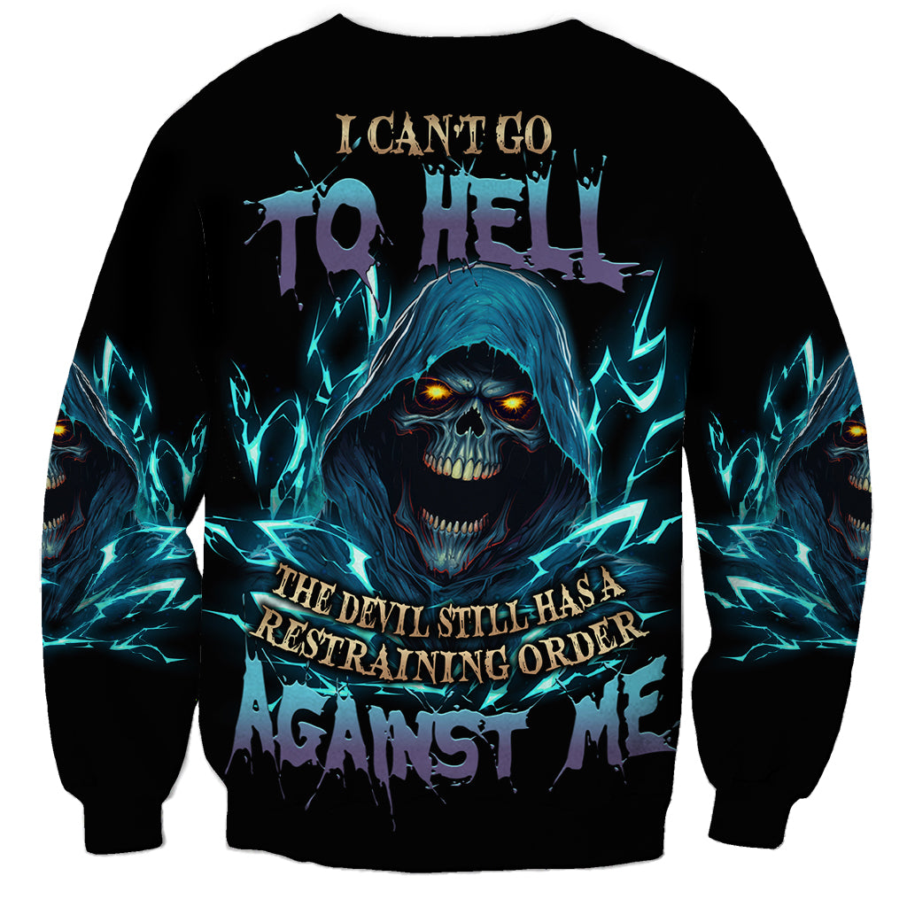 Black sweatshirt with blue skull graphic and flames, crewneck long sleeves