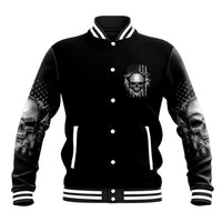 Black baseball jacket with front skull patch, snap buttons, striped ribbed hem and cuffs