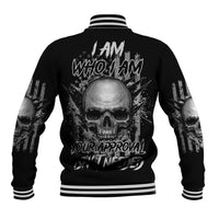 Black baseball jacket with skull graphic and striped ribbed collar and cuffs, back view