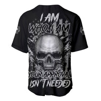 Black baseball jersey with large skull graphic and text