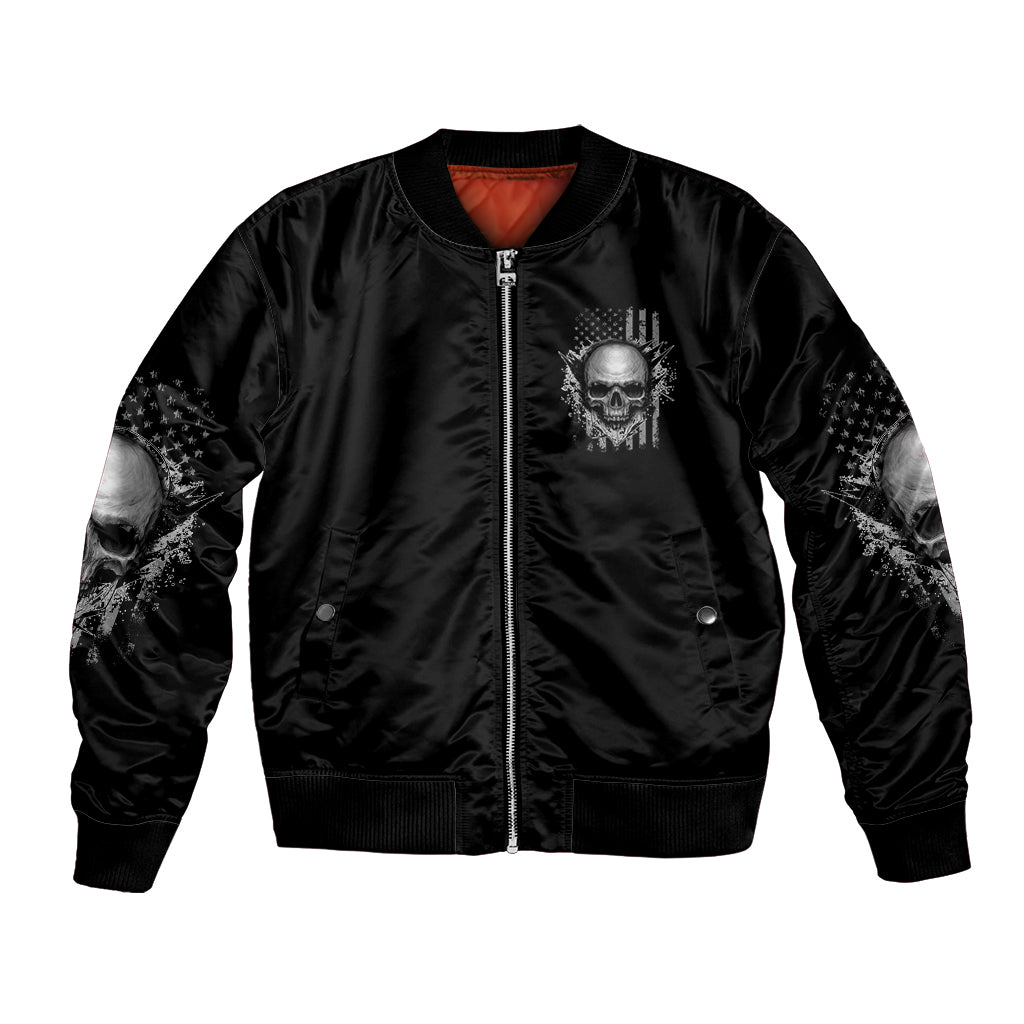Black bomber jacket with front zipper and small skull emblem, ribbed cuffs and hem