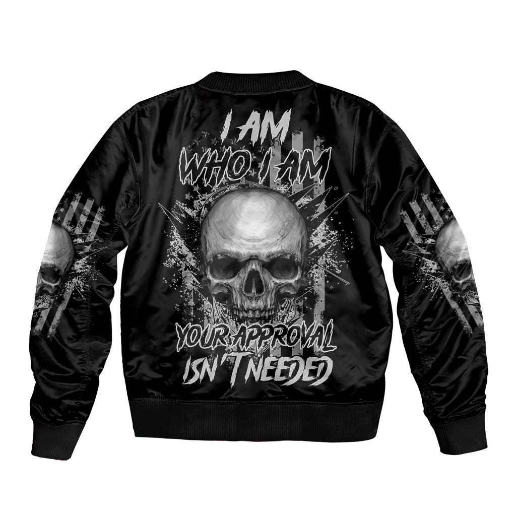 Black bomber jacket with skull graphic on back and ribbed hem, cuffs, and collar