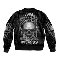 Black bomber jacket with skull graphic on back and ribbed hem, cuffs, and collar