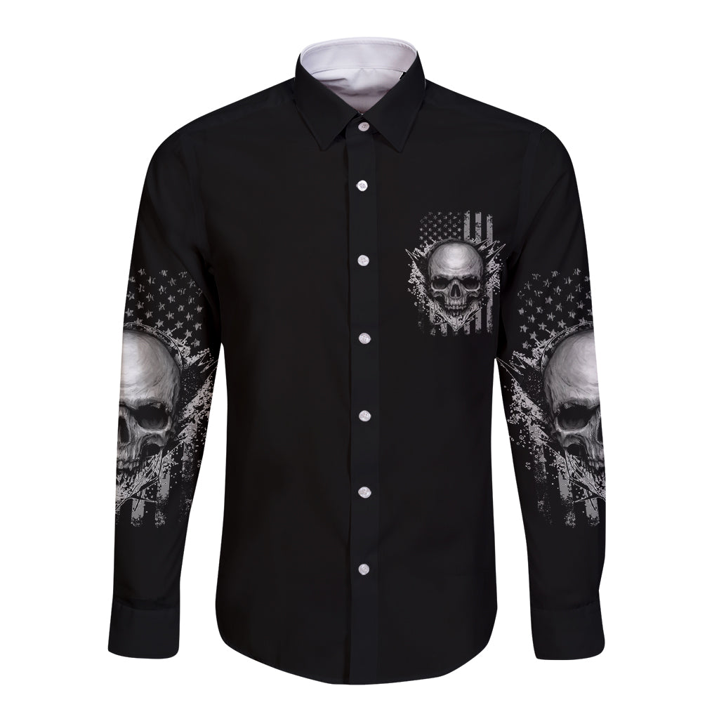 Black long-sleeve button shirt with small chest skull print and skull sleeve graphics