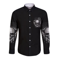 Black long-sleeve button shirt with small chest skull print and skull sleeve graphics