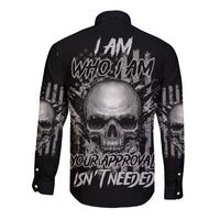 Black long-sleeve button shirt with large back skull graphic and white text