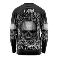Black long sleeve skull graphic shirt, large back skull and 'I AM WHO I AM' text