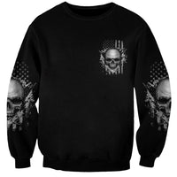 Black unisex sweatshirt with small skull graphic on chest and skull print on sleeves