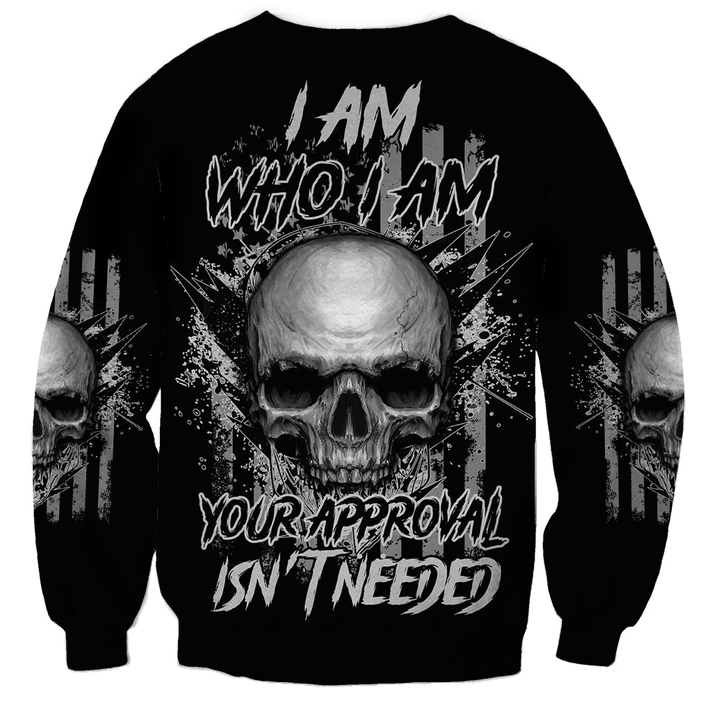 Black unisex sweatshirt with large skull graphic and bold text across the front