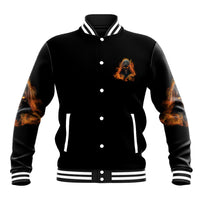 Black varsity baseball jacket with flame patch and striped ribbed cuffs