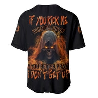 Black baseball jersey with orange flame skull graphic, V-neck, button-front