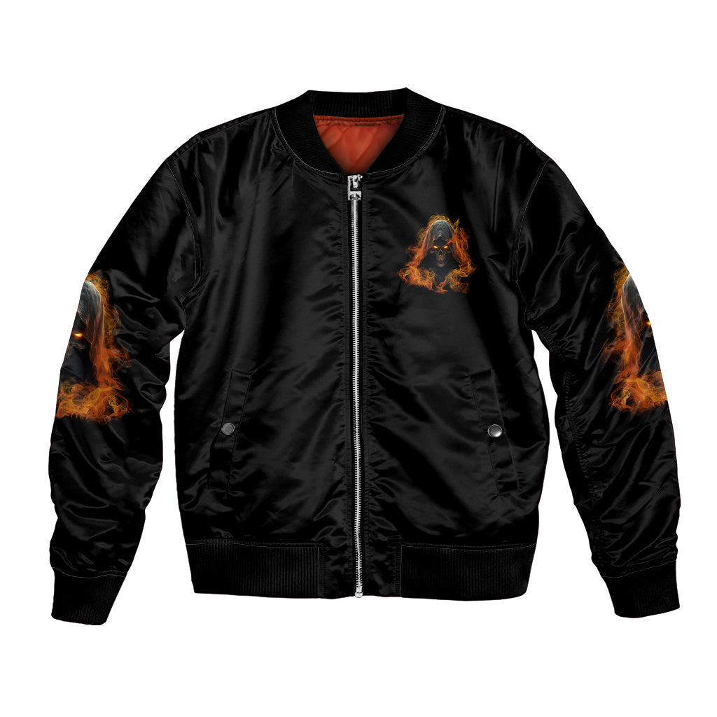 Unisex black bomber jacket with front zipper and orange flame sleeve accents