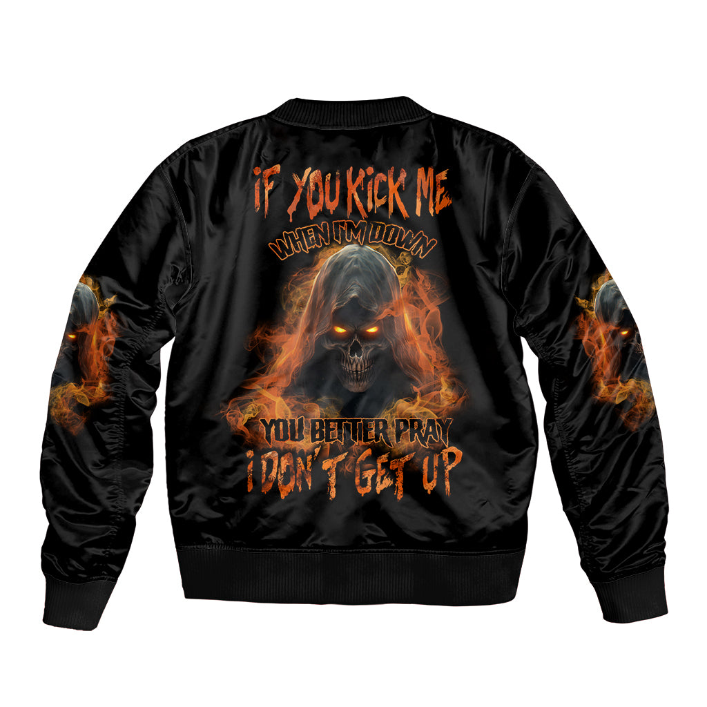 Unisex black bomber jacket with back graphic skull, flames, and orange slogan text