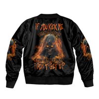 Unisex black bomber jacket with back graphic skull, flames, and orange slogan text