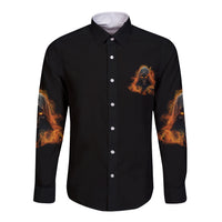 Unisex black long-sleeve button shirt with chest flame skull graphic and sleeve flames