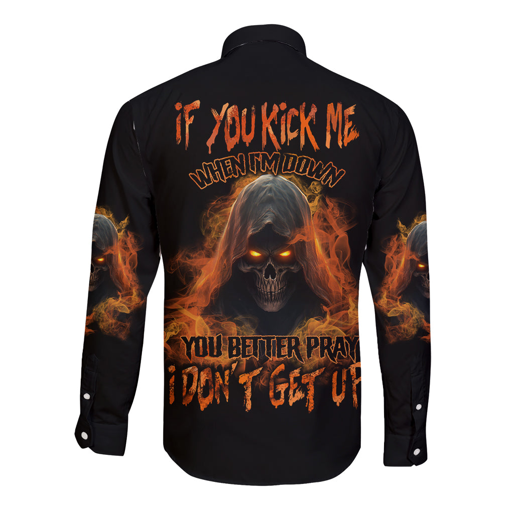 Unisex black long-sleeve button shirt, fiery skull graphic on back